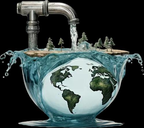 A tap pouring water into a bowl shaped like the Earth